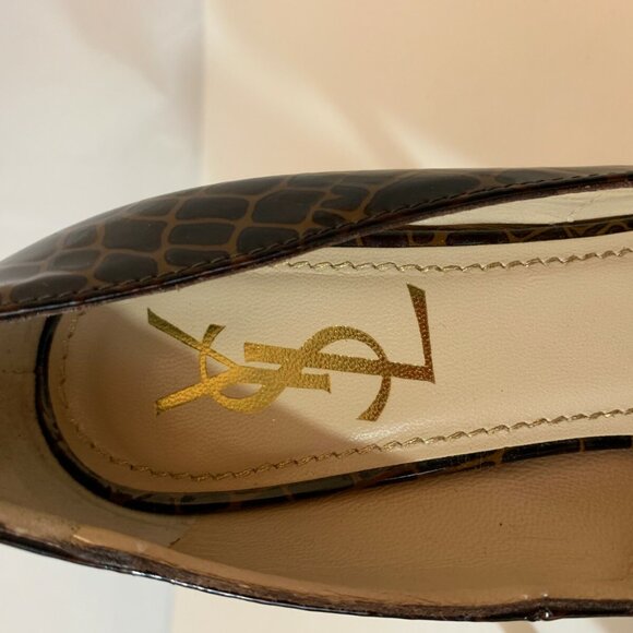 YSL SAINT LAURENT 59519 BROWN PATENT LEATHER CROC EMBOSSED TRIBTOO PUMPS - Picture 3 of 7